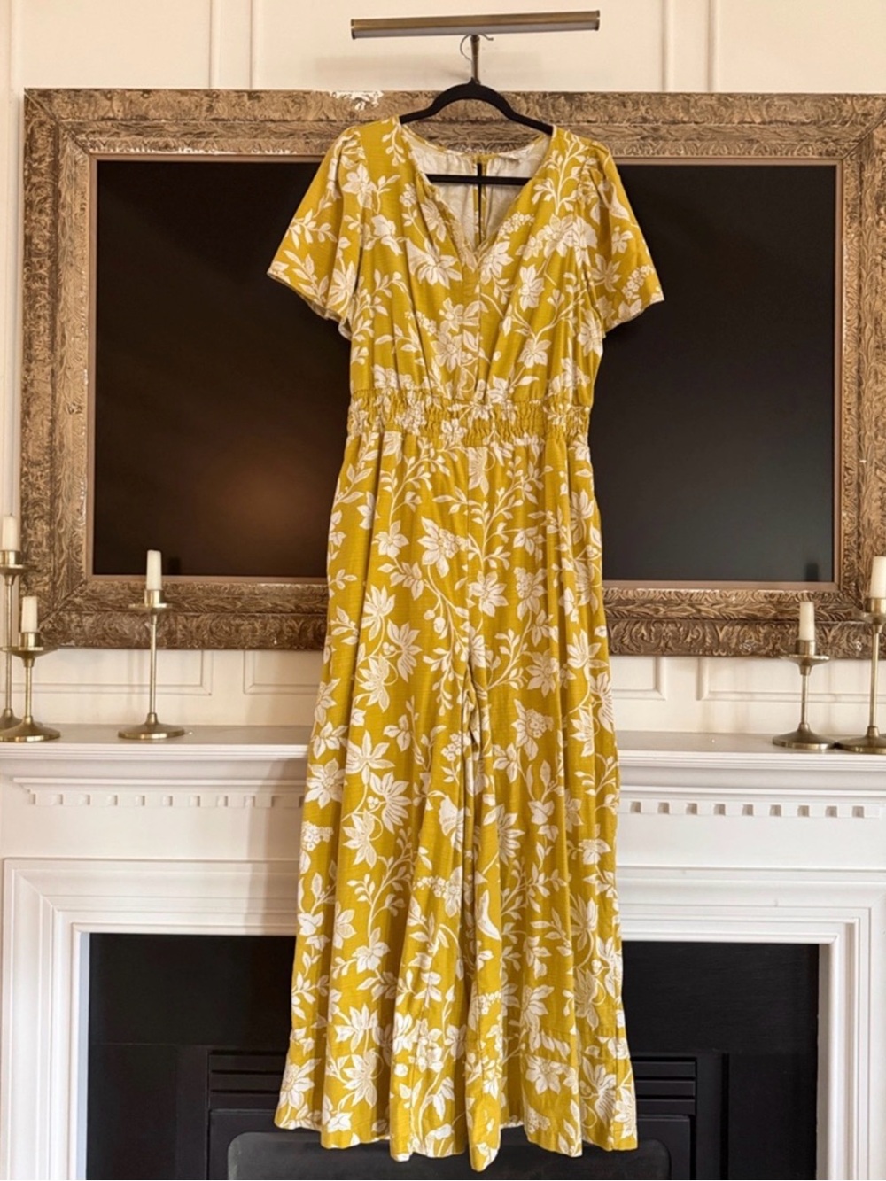 Floral V-Neck Yellow Maxi Dress with Elastic Waist